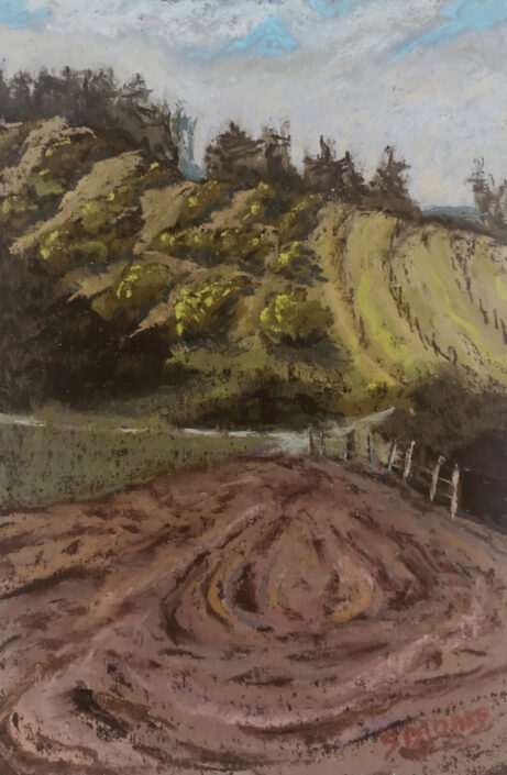Pastel drawing of a countryside landscape