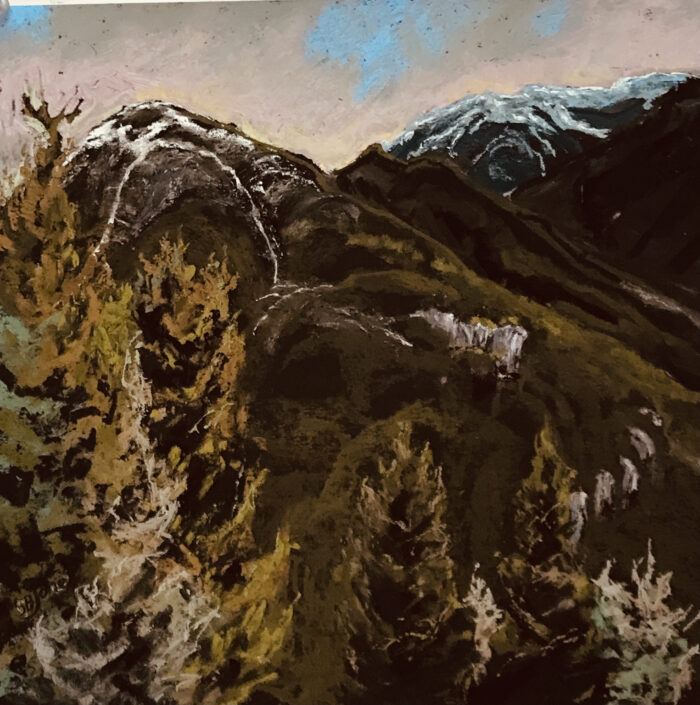 Mountains drawn using pastel pigments