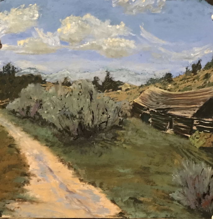 Pastel drawing of a wooden cabin beside a dirt road and bushes
