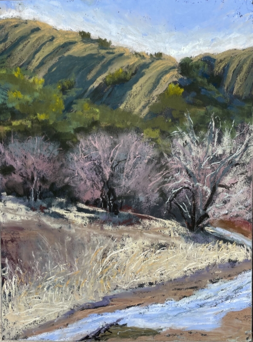 A painting of trees and bushes near water.